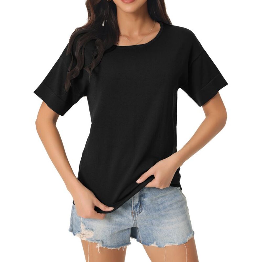 Short Sleeve Basic Casual T Shirts Summer Knit Tops Solid Color Blouse Black